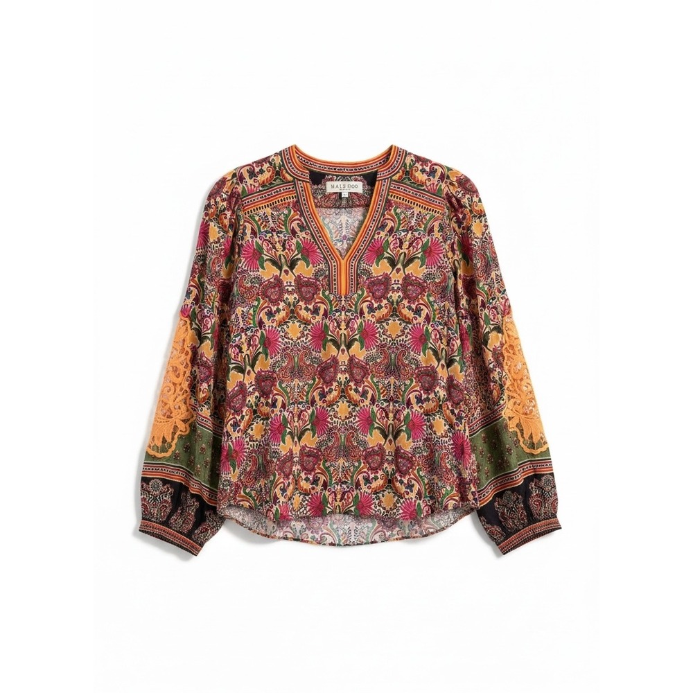 Hale Bob Lana Crochet Top Womens XS Orange Paisley Voluminous Sleeve - Picture 3 of 11